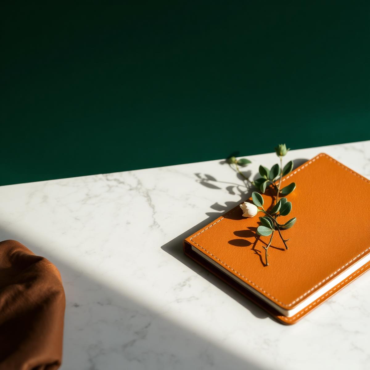 A leather notebook on marble